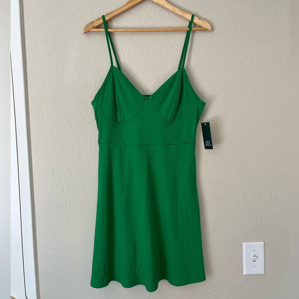 NWT Green Ribbed Mini Dress Camisole Knit Women’s Size Large Summer Flare